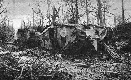 Zerstörte englische Tanks im Bourlonwald bei Cambrai