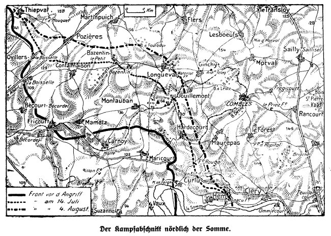 Karte vom Kampfabschnitt nördlich der Somme